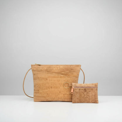 Green Vegan Bags' Naturally Bold Duo: large cork vegan crossbody bag with adjustable strap and matching cork wallet keyring