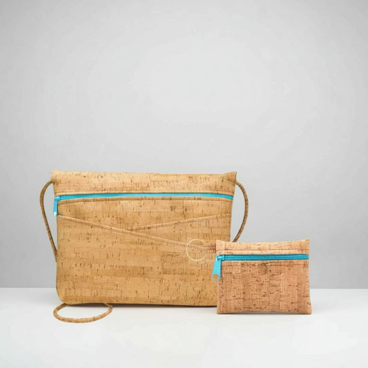 Natural Sea Essence Duo: green vegan cork crossbody bag with textured surface and matching cork wallet, set in eco-friendly