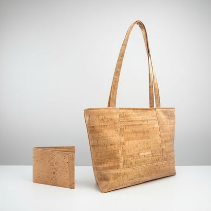 Green Vegan Bags Grounded in Nature Duo: rustic cork tote with adjustable leather strap and matching vegan wallet in natural