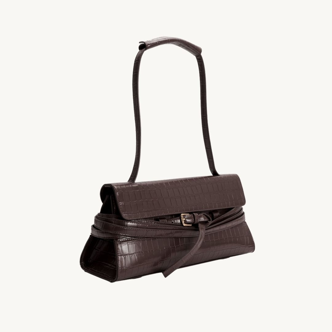 croc embossed vegan leather purse east west style bag in chocolate side view