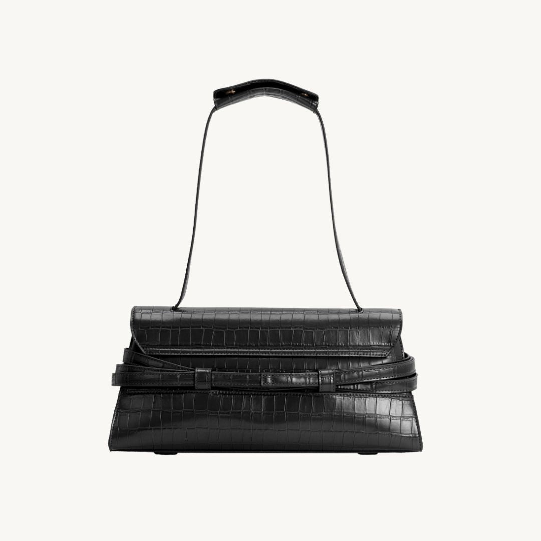 croc embossed vegan leather bag east west style handbag in black