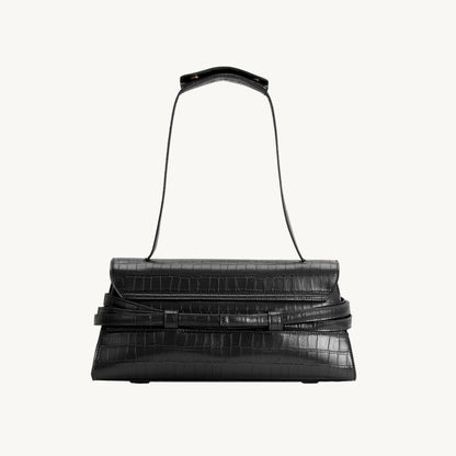 croc embossed vegan leather bag east west style handbag in black