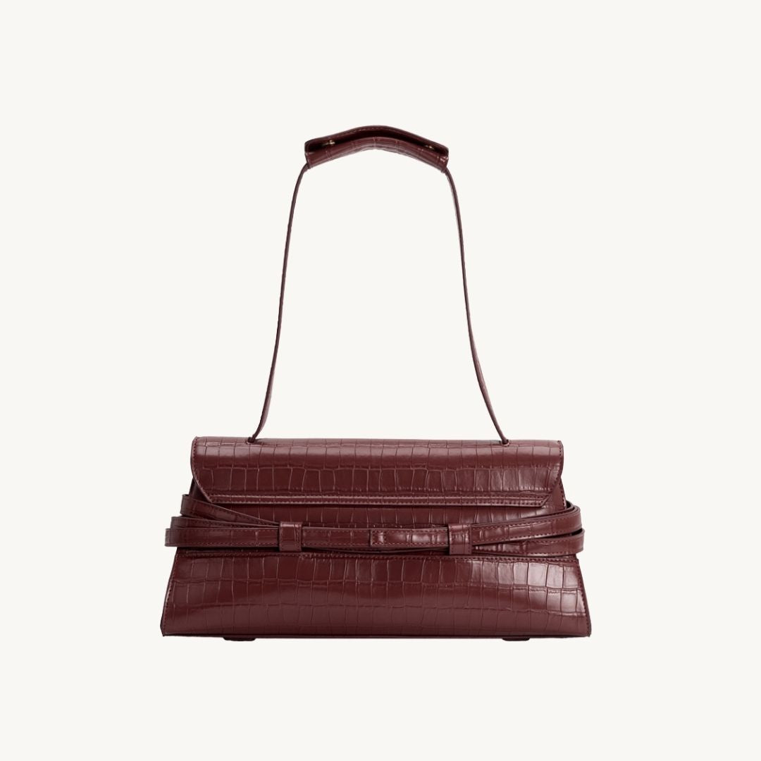 croc embossed vegan leather purse east west style bag in chocolate backside