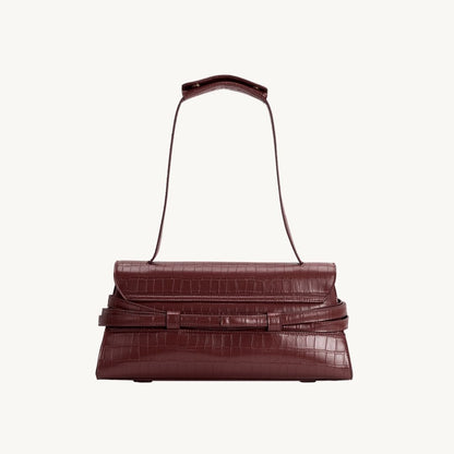 croc embossed vegan leather purse east west style bag in chocolate backside