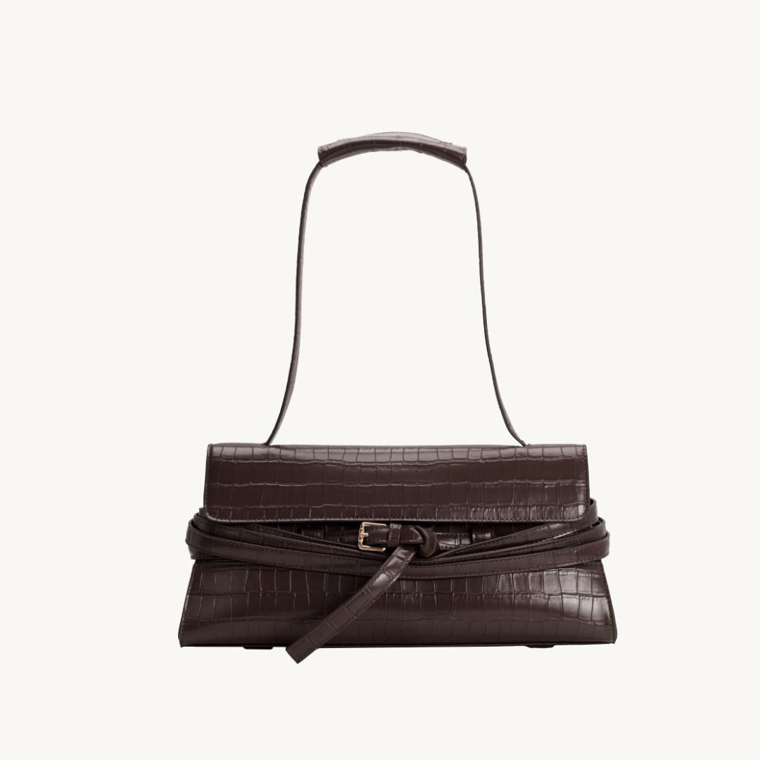 croc embossed vegan leather purse east west style bag in chocolate front