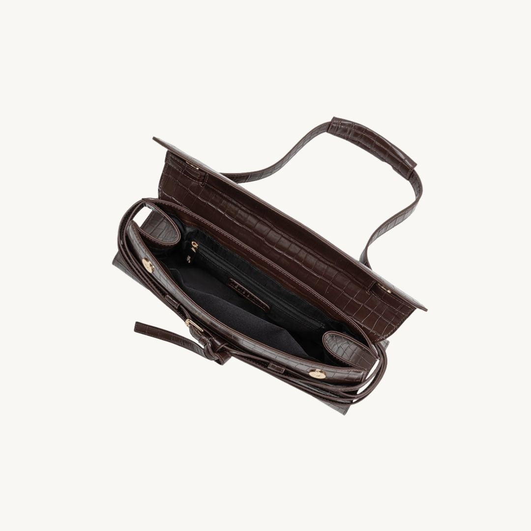 croc embossed vegan leather purse east west style bag in chocolate interior