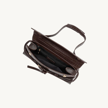 croc embossed vegan leather purse east west style bag in chocolate interior