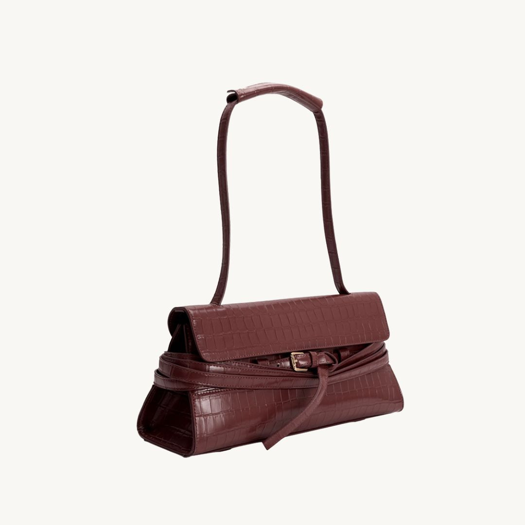 croc embossed vegan leather purse east west style bag in chocolate side view
