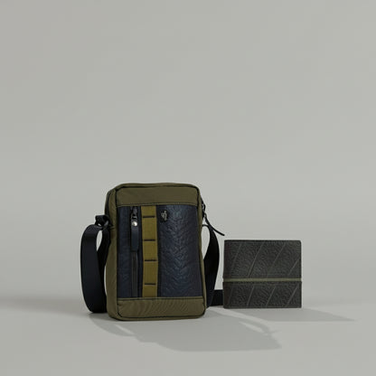 Green Vegan Bags Major Impact Duo: upcycled vegan crossbody bag in black faux leather with adjustable strap, matching vegan