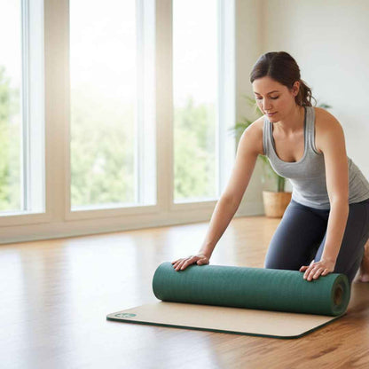 Woman rolling out a cork yoga mat in a bright room with large windows.