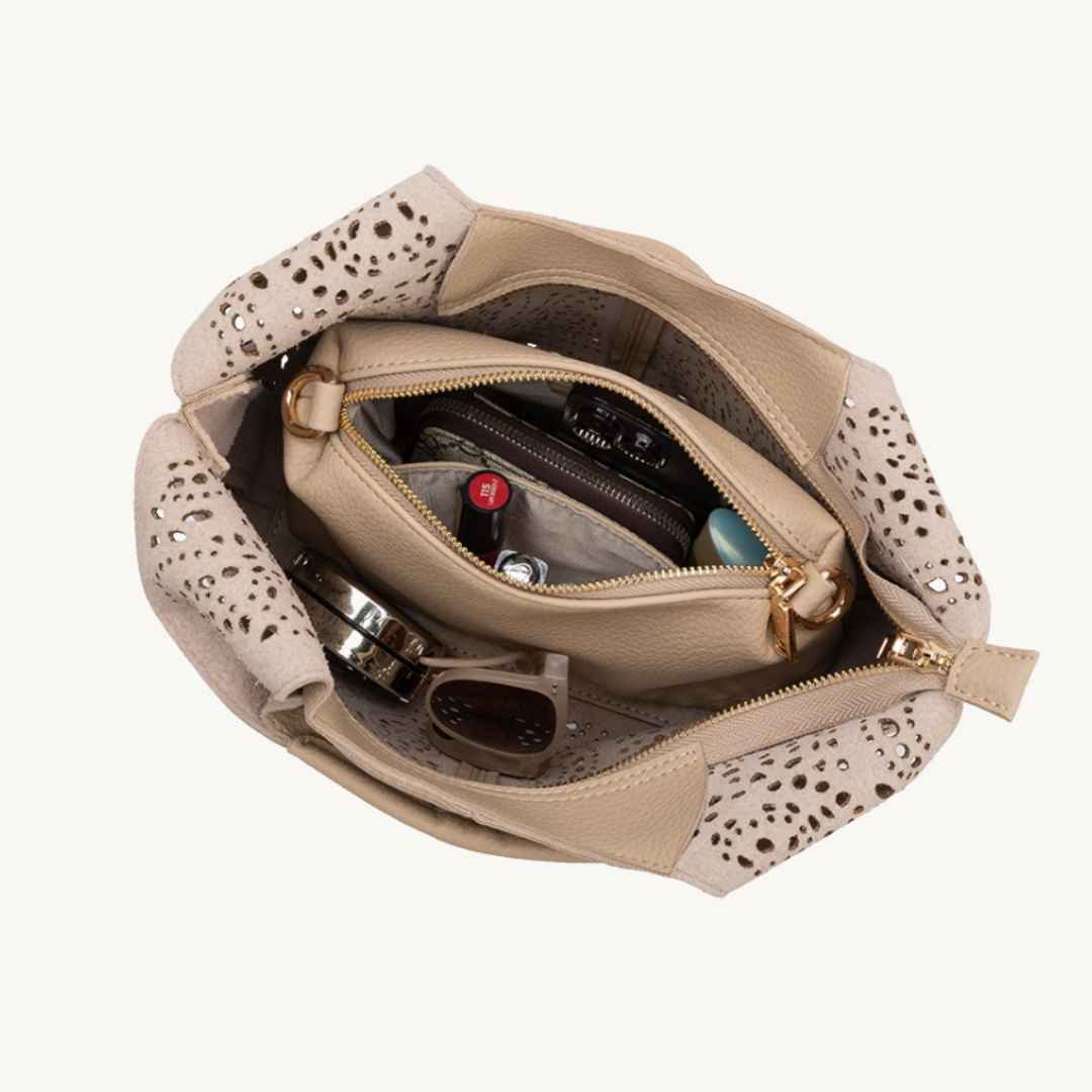 nude vegan leather handbag interior