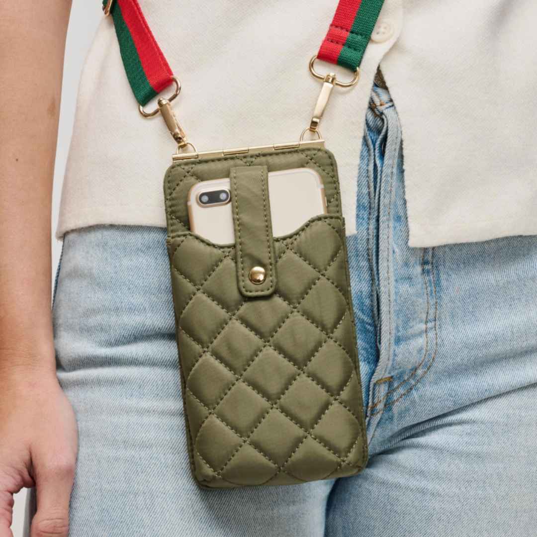 sage vegan crossbody leather phone bag made of recycled nylon