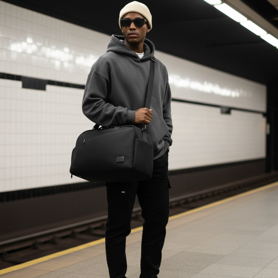 man holding a black duffle bag