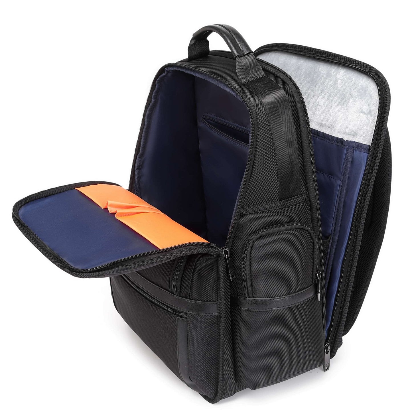 Black vegan backpack with open compartments for work