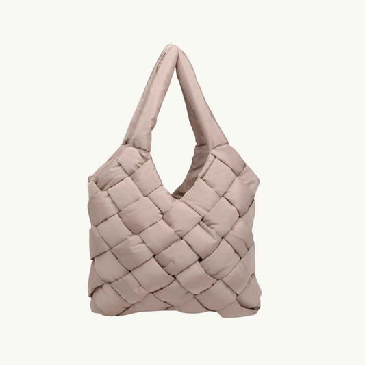 vegan leather bag that is a woven tote bag in nude