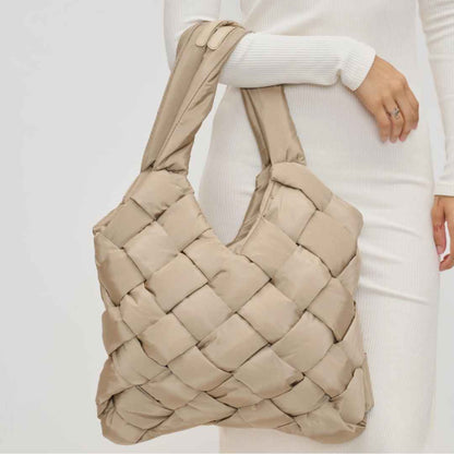 vegan leather bag that is a woven tote bag in nude