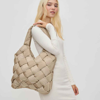 vegan leather bag that is a woven tote bag in nude