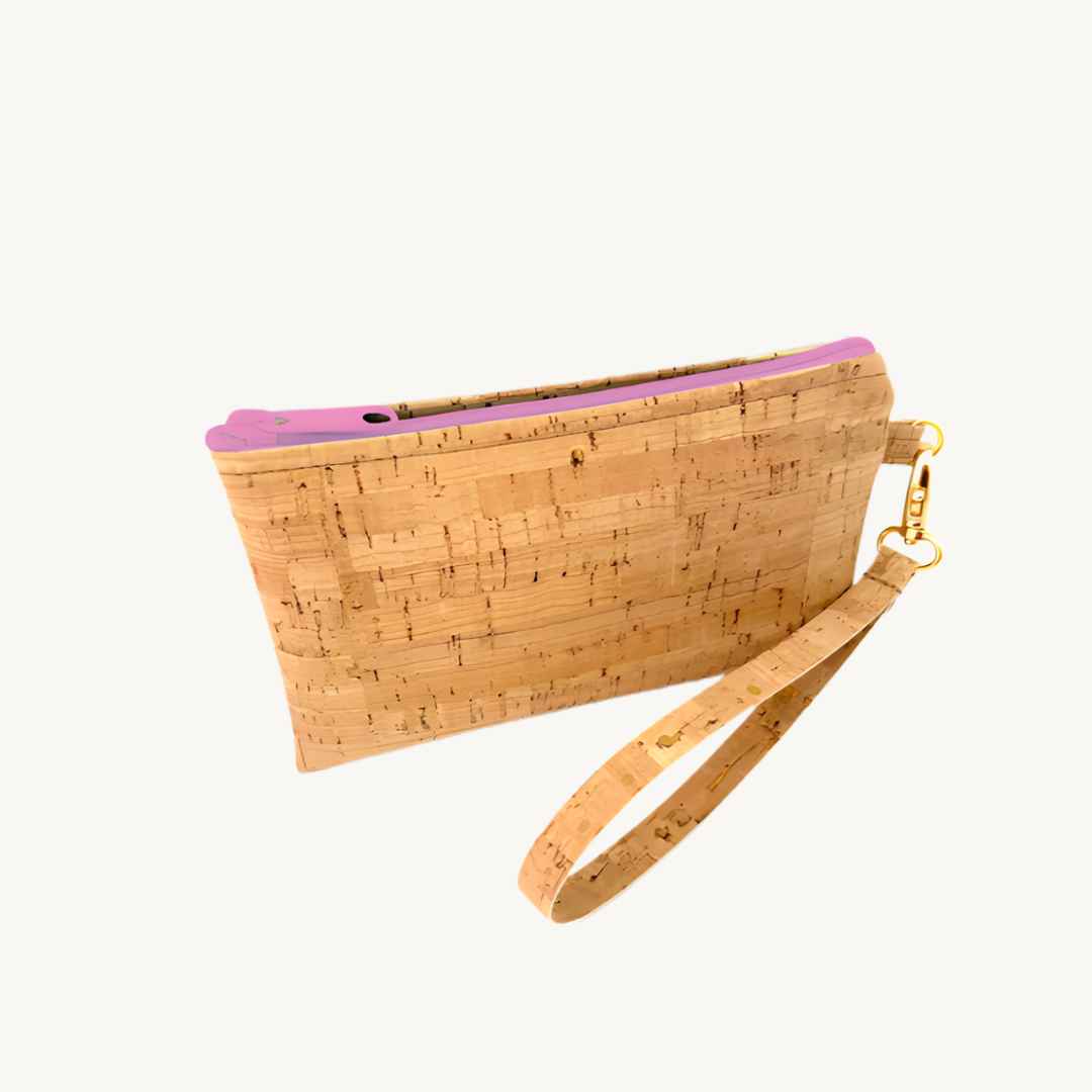Close-up of the vegan cork leather surface highlighting subtle texture and natural grain detail on the Be Ready Wristlet.