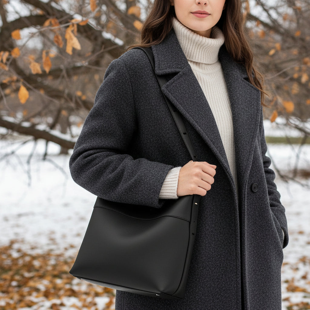Close-up of black vegan suede tote bag's textured surface and sturdy rolled leather handles from a top-down perspective