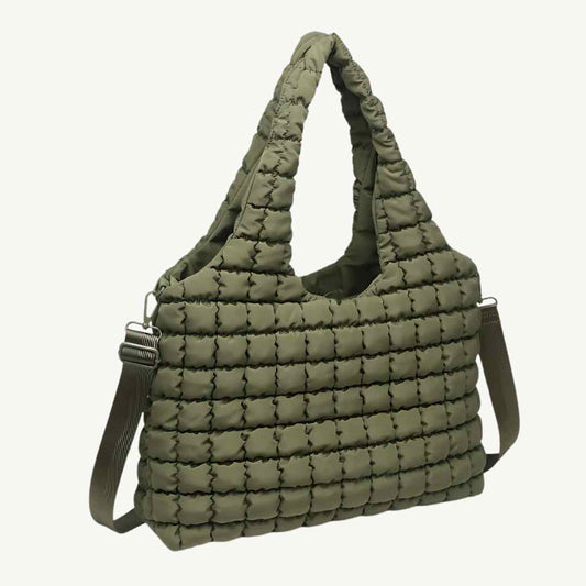 quilted puffer vegan tote bag with crossbody vegan bag strap