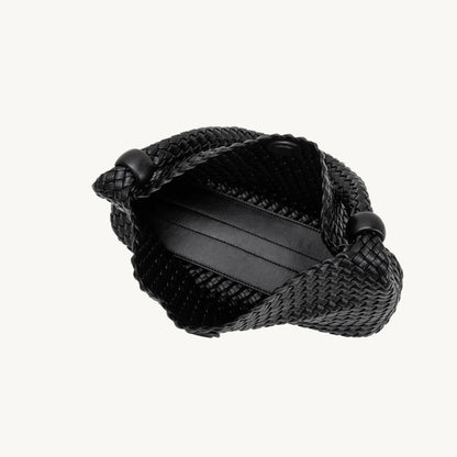 woven vegan leather handbag in black interior 