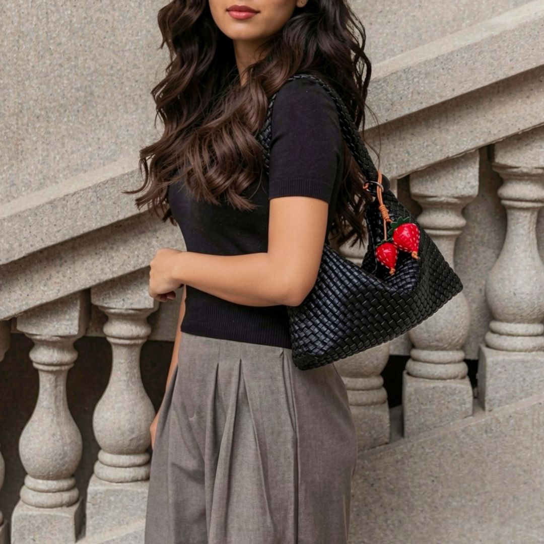 woven vegan leather handbag with a woman carrying it