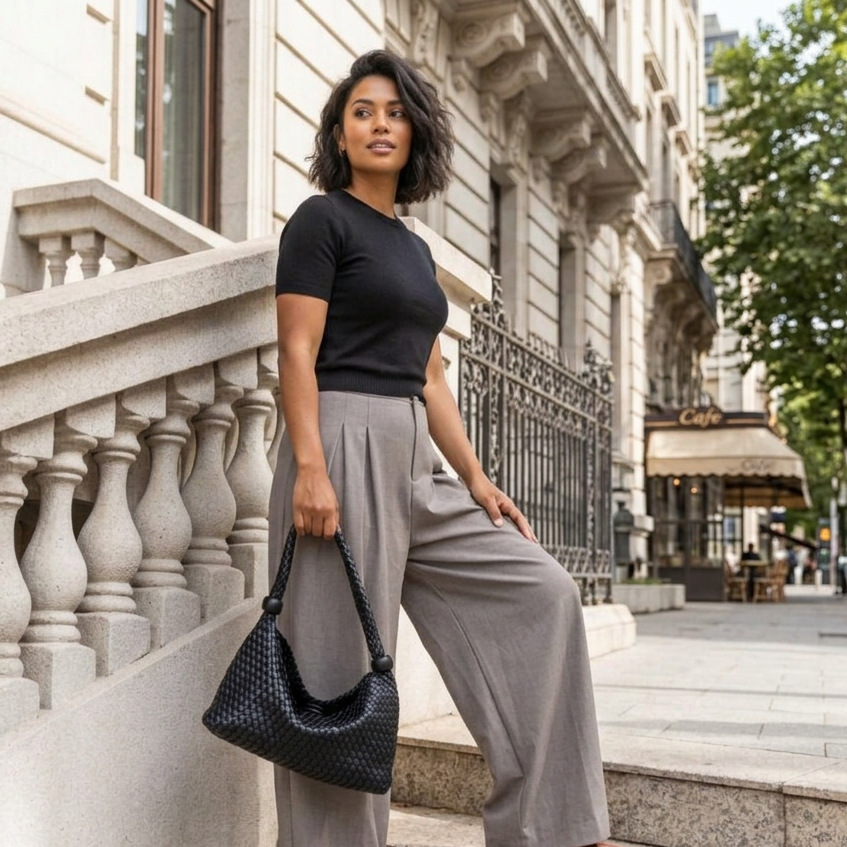 woven vegan leather handbag with a woman carrying it