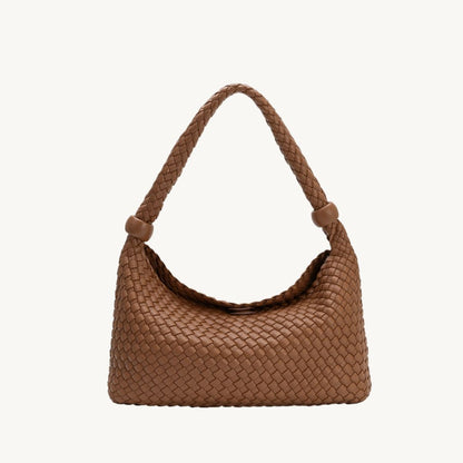 woven vegan leather purse in saddle