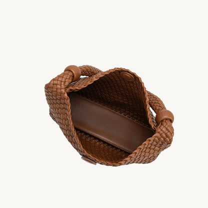 woven vegan leather purse in saddle interior view