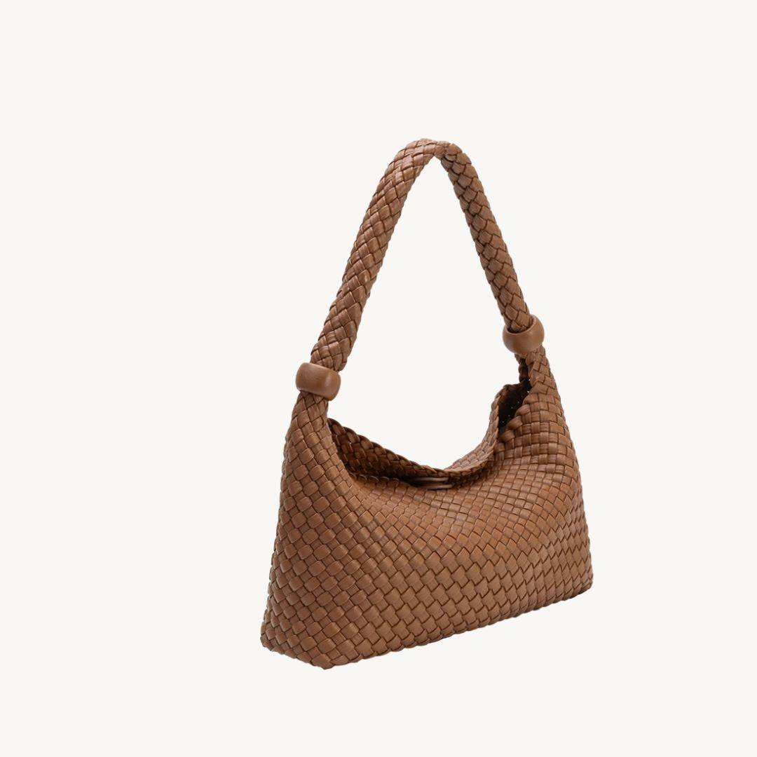 woven vegan leather purse in saddle side view