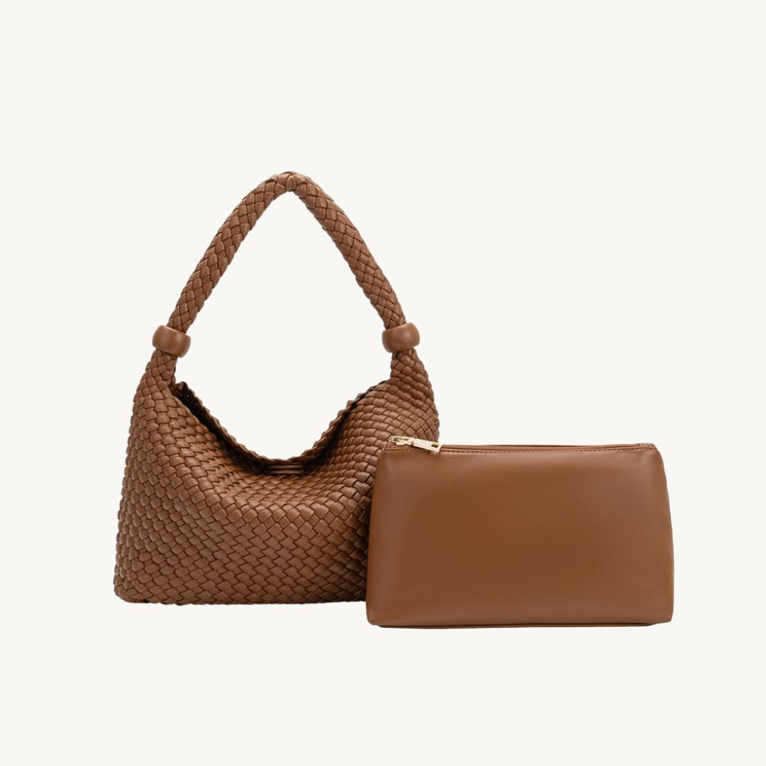 woven vegan leather purse in saddle with removeable pouch