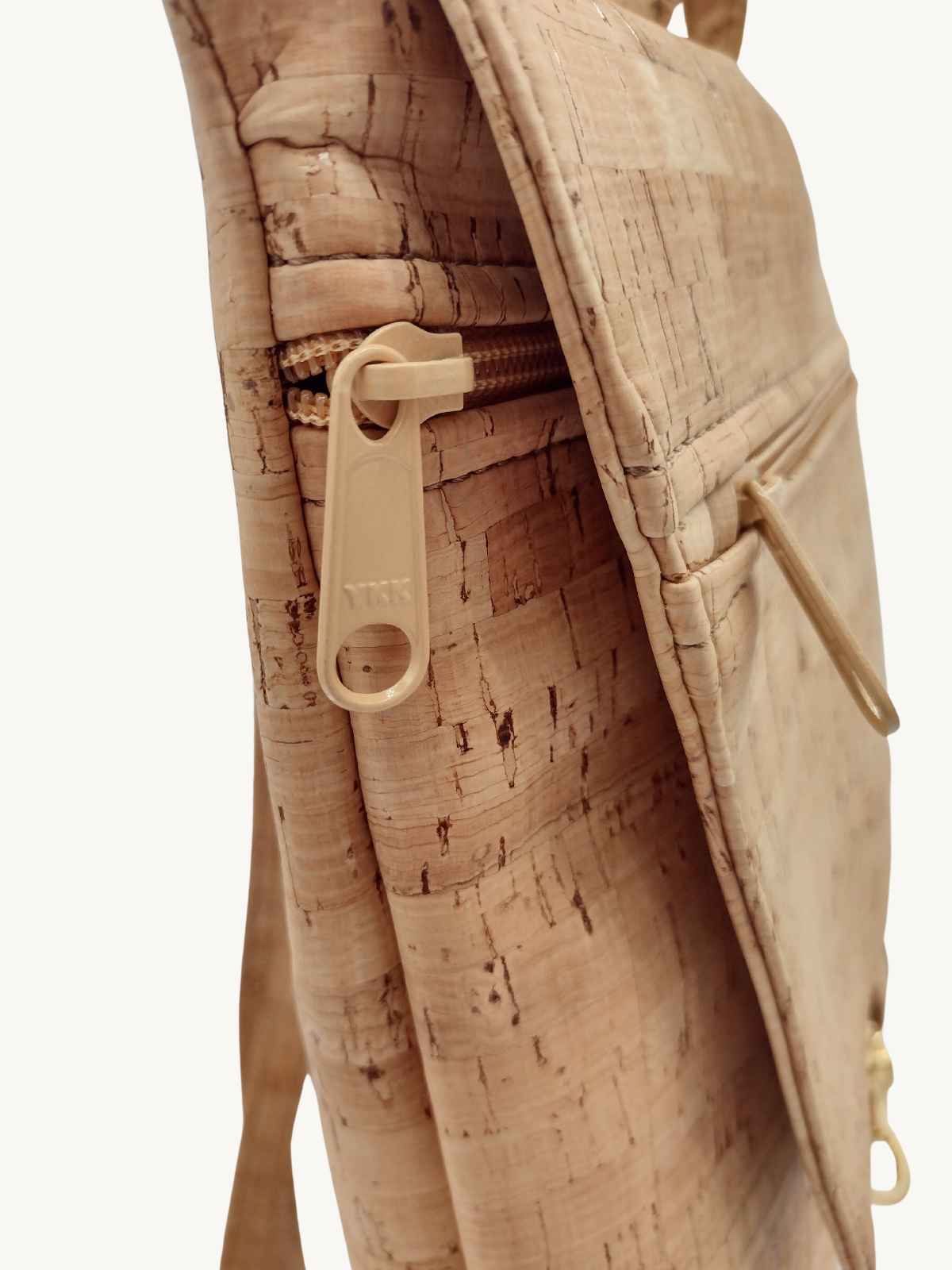 Cork leather cruelty free backpack very durable close up stitching